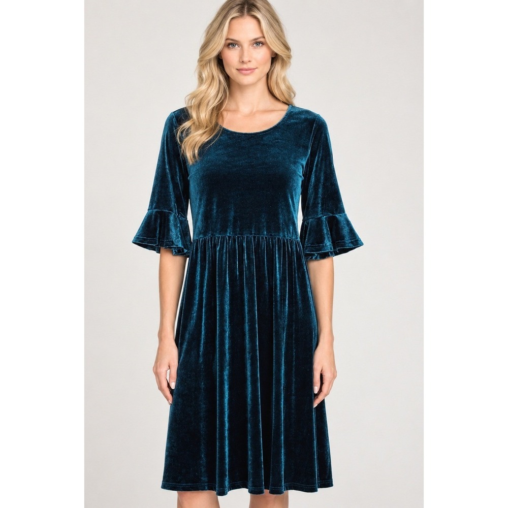 Sweet Salt Modest Forest Green Velvet Long Sleeve Pleated Midi Dress Medium